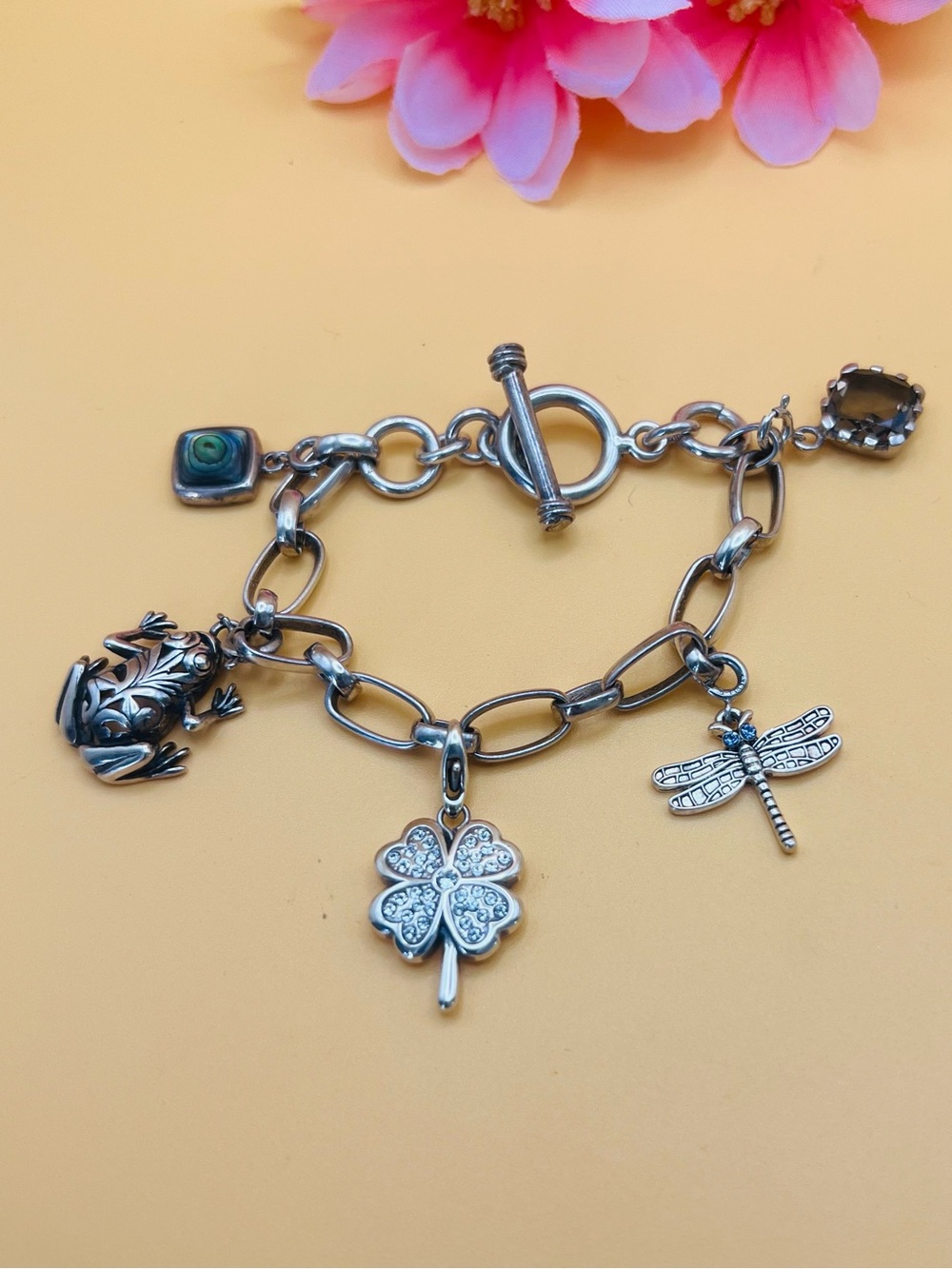 Silver Charm Bracelet with Clover & Dragonfly stamped .925